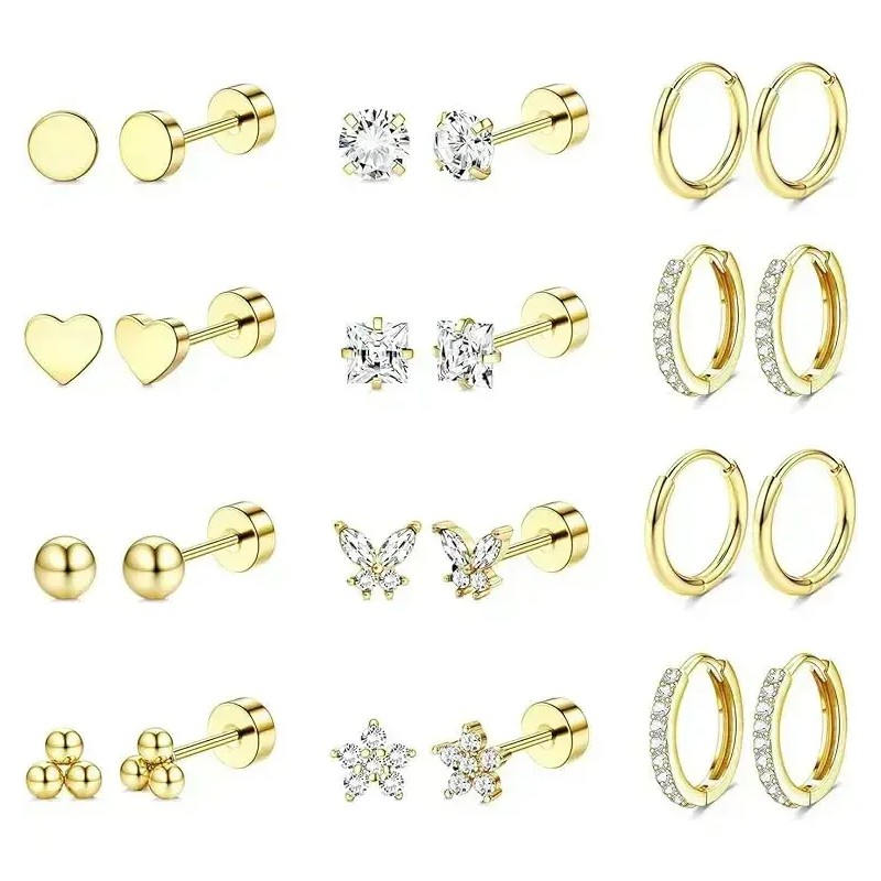 12pare Aretes De Acero quirúrgico Mujer Arracadas Piercing Cartílago AGEDBAFCH