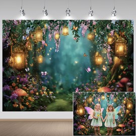 Raoycla Enchanted Forest Backdrop, Fairy Woodland Forest Mushroom Party Decorations Backdrop, Fairy Tale Butterfly Garden Backdrops for Photoshoot Photo Booth Studio Props Backdrops 7X5FT