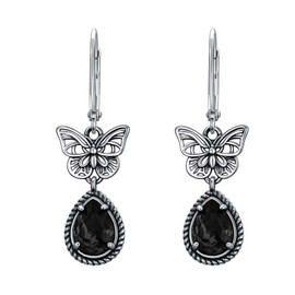 Black Butterfly Earrings 925 Sterling Silver Vintage Retro Oxidized Dangle Drop Earrings with Jet Black Crystals, Birthday Anniversary Jewelry Gifts for Women Wife