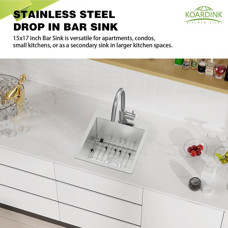 Kitchen And Bar Sink, 15x17 Inch Stainless Steel Drop In