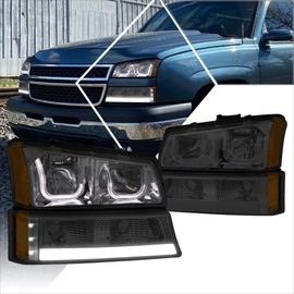 PM PERFORMOTOR Headlights Assembly Compatible with 2003 2004 2005 2006 2007 Chevy Silverado / 2003 2004 2006 Chevy Avalanche Headlamps with 4Pcs LED DRL Bumper Lamps