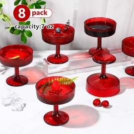 Teenyyou 8 Pcs Ribbed Vintage Coupe Glasses 7 oz Martini Glasses Champagne Coupe Classic Cocktail Glassware Reusable Ribbed Glassware for Cocktail Martini European Style (Red)