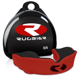 RUGBIER Rugby Mouth Guard Dual Gel Thermoformable Size Adult Kids Unisex Advanced Mouth Guard (Red/Black, Senior)