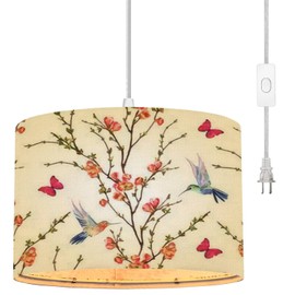 WYLZ0123xzan Plug in Pendant Light Floral Birds Tropical Japanese Flowers Hanging Lamp with Plug in Cord 16.4 ft Dimmable Switch Fabric Shade Hanging Light for Bedroom Kitchen Island Living Room