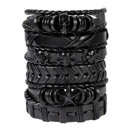 MILAKOO 6Pcs Men Braided Leather Bracelet Black Punk Rock Skull Bracelet