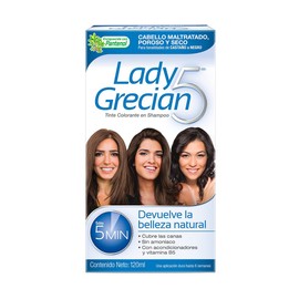 Grecian, Lady Grecian 5, Tinte Colorante en Shampoo, Cubre las Canas, Sin Amoniaco, para Cabello Maltratado, Poroso y Seco, Castaño a Negro, 120 ml