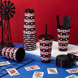 12 Pack Casino Theme Party Favors Casino Gift Cups for Birthday Decoration Supplies 24 oz Plastic Poker Cups with Lids and Straws for Las Vegas Night Party Favors Prize