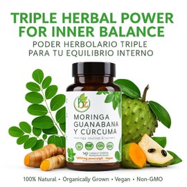 Moringa, Guanabana & Curcuma (Moringa, Soursop, & Turmeric) 90 Capsules 1500 mg per Serving Powerful Blend of 100% Natural Premium Ingredients, Vegetable, cultivada organicamente |organically Grown