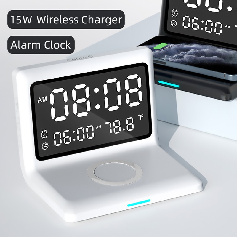 Multifunctional Digital Mirror Clock 15W Wireless Charging Alarm Clock with