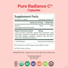PURE SYNERGY Pure Radiance C | Organic Vitamin C Capsules | 100% Natural, Whole Food, Non-GMO Supplement with Organic Camu Camu | for Immune and Collagen Support (90 Capsules)