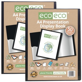 eco-eco A4 Size 50% Recycled 50 Pocket Black Presentation Display Book, Storage Case Portfolio Art Folder with Plastic Sleeves, Pack of 2, eco197x2