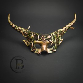 Medusa Costume Headdress Masquerade Mask Cosplay Horns Headpiece Antlers Raven Bird Deer Skull Gold (Ram Horns Mask)