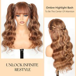 Ruiyu Ombre Highlight Human Hair Wig with Bangs 2x4 HD Lace Front Closure Body Wave Wear and Go Glueless Highlights 4/27 Honey Blonde Brown Colored 100% Human Hair Wigs for Black Women 16 Inch