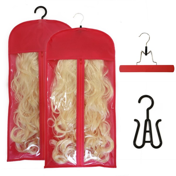 2 Pack Wig Storage Bags with Hooks and Traceless Wooden
