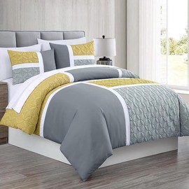 TRP 7 Piece Medallion Quilted Pattern Patchwork Pieced Bed in a Bag Cal King Comforter Set | All Seasons Soft Cozy Comfortable Lightweight Deep Pocket Yellow Gray Aesthetic Bedding