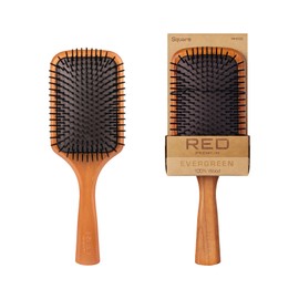 Red by Kiss Evergreen Wooden Square Paddle Hair Brush, 100% Beechwood, Long Bristles, Detangling, For All Hair Types, Sustainable, Painless Detangling, Air Ventilation Hole, Wet Dry Hair, Unisex