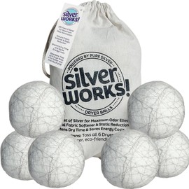 SilverWorks! Wool Dryer Balls Laundry Reusable - Odor Eliminating Dryer Laundry Balls with Silver Technology - Natural Fabric Softener and Static Reducer, Reduce Drying Time and Energy Costs - 6 Pack