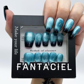 FANTACIEL 10 PCS Handemade Press On Nails Cat Eye Design Acrylic Nails Reusable Short Coffin Fake Nails Gradient Blue 8 L