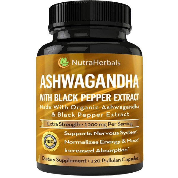 Organic Ashwagandha Root Powder 1200mg - 120 Pullulan Organic Capsules - Ashwaganda Supplement – Black Pepper Extract for Increased Absorption
