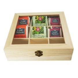 Incutex Aufbewahrungsbox aus Holz, Teebeutelbox, Teekiste, Teebox, Teedose Holz mit 9 Fächern und Sichtfenster