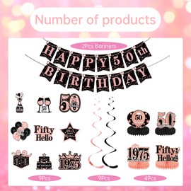 50th Birthday Decoration Party Set - 15 Pcs Rose Gold Hanging Swirls Honeycomb Centerpieces Banners For Women Retro Happy 50th Party Anniversary Fifty Years Old Decoration Supplies