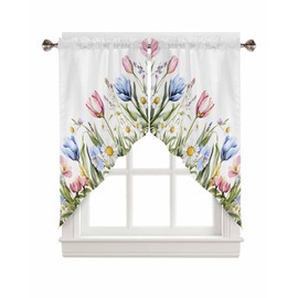 Jeomia Spring Flower Valances for Windows, Blue Pink Tulip Floral Wildflower Easter Rod Pocket Blocking Swag Valance Curtains for Kitchen Bathroom Cafe, 2 Panel 28"x36"
