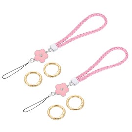 uxcell 2Pcs Wristlet Lanyards, 4.7" Leather Keychain Strap with Flower Charm for Clutch Cellphone Keychain Wallet Purse Accessories, Pink
