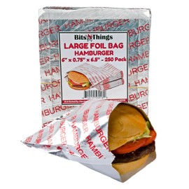 Bits N Things Large Foil Hamburger Printed Bag 6" x 6.5" x 0.75" | Kosher, Insulated, & Grease Resistant Wrapper | 250 Count