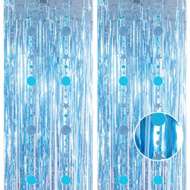 2pcs 3.2 x 8.3ft Glitter Baby Blue Foil Fringe Curtain Backdrop Tinsel Curtain Party Backdrop Curtain Streamers Decorations for Birthday School Graduation Hen Boys Party Decorations Blue