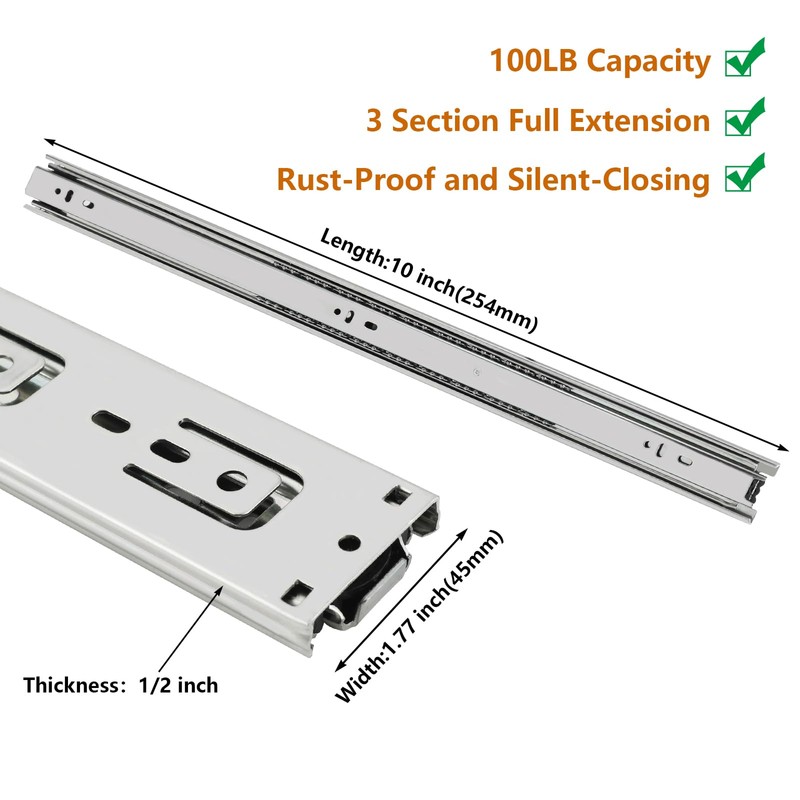 Homdiy 10 Inch Heavy Duty Drawer Slides Side Mount 100
