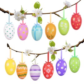 AhfuLife Hanging Easter Eggs, Pack of 12/24 Colourful Easter Eggs, Plastic with Cord, Reusable Easter Decoration, Hanging Decoration for Easter Gift, Easter Hunt, Easter Tree Decoration, Home, Garden,