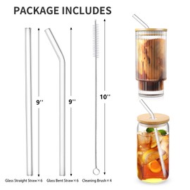 CWHHRN 16 Pack Reusable Glass Straws with Brushes, Clear Glass Drinking Straws, 8.5''x10MM, Set of 6 Straight + 6 Bent with + 4 Cleaning Brushes