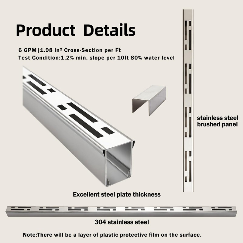 Pool Deck Drain Channel, 1-7/16" W x 3.3' L, 304