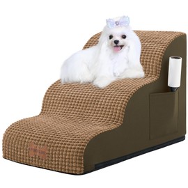 Dog Stairs for Small Dogs, Wide Pet Step with Removable Cover, No Assembly High Density Foam Cat Ramp for Bed or Sofa, 3-Step, Light Brown