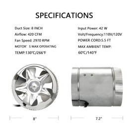 SunStream 8 Inch 420 CFM Inline Booster Duct Fan Ventilation HVAC Exhaust Fan with Low Noise for Basements, Bathrooms, Kitchens and Workshops