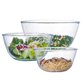 Homwin Glass Mixing Bowl Set of 3 for Kitchen, Baking, Prepping, Serving, Cooking 1.1QT, 2.5QT, 4.2QT Large Salad Bowl Set, High Brosilicate Bowl Set, Stackable, Non-toxic, Microwavable, Great Gift