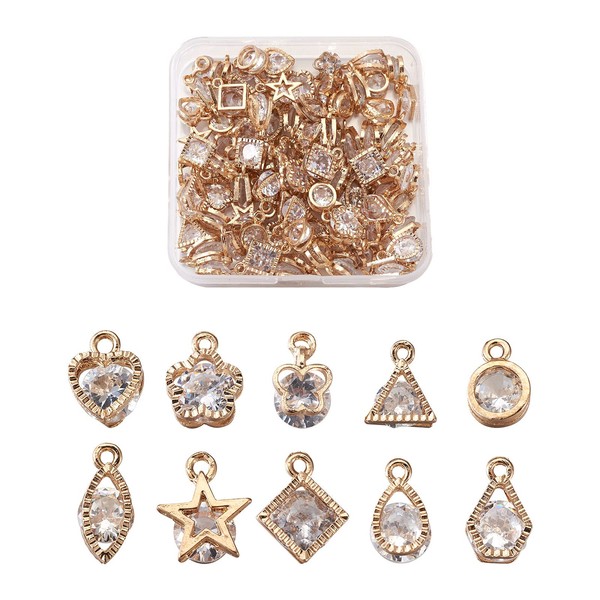 Craftdady 100pcs Golden Cubic Zirconia Crystal Charms 10 Styles Clear