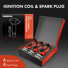 A-Premium Ignition Coil Pack and Iridium Spark Plugs Compatible with Ford F-150, Explorer, Edge, Transit, Mustang, Taurus, Flex & Lincoln MKZ, MKX, MKS, MKT & Mazda CX-9, 3.5L 3.7L, Red Set of 6
