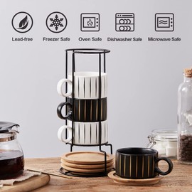 LUKA Porcelain Espresso Cup with Saucer and Metal Stand, 6 Ounce Stackable Ceramic Demitasse Espresso Mugs Cappuccino Cups Set for Latte,Coffee,Cafe Mocha,Tea(Set of 4)