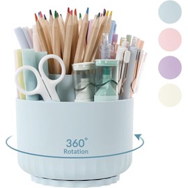 SKYDUE Desk Organiser, 360 Degree Pen Holder Rotatable, Pen Organiser with 5 Compartments, Pen Holder Desk for Office, School, Home (Sky Blue)