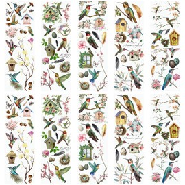 WANDIC 10 Sheets Rub On Transfer Stickers, Bees Birds Decals Fashionable Flower Waterproof Transfers for Furniture Table Water Bottle DIY Craft, 11.8 * 3.9in