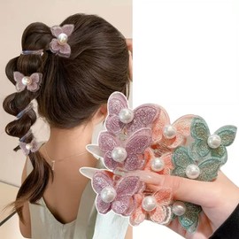 Spiral Hair Rubber Butterfly [Set of 3] Ponytail Holder, Tangle-Free, High Quality Hair Rope, Cute, Pearl, Telephone Cord Type, Hair Clip, Hair Ornament, For Work Commutes, School, Entrance