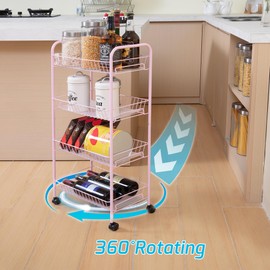 PLKOW 4-Tier Metal Rolling Utility Cart, Multi-Functional Storage Cart for Office, Living Room, Kitchen, Bathroom, Lightweight Organizer Cart with Wheels, Pink