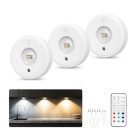 AMIR Puck Lights with Remote Control, Rechargeable Under Cabinet Lights, 13 Color RGB, LED Closet Light with Dimmer & Timer for Kitchen, Counter, Closet, Stairs, 3 Pack