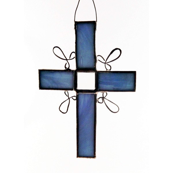 Blue or pink stained glass Cross with one glass bevel and wire work