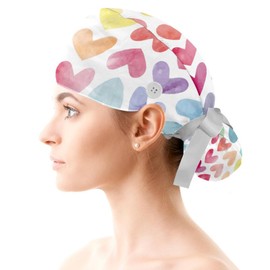 Heart Working Hat Adjustable Scrub Cap with Buttons and Bow Hair Scrunchy for Nurse and Doctor
