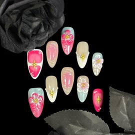 Handmade Press On Nails, Medium Almond Shape, Cherry Blossom Design with Gold Stars, Pearl Accents, Pink Blue Nude Colors, 3D Floral Reusable Acrylic False Nails (Bouquet lace, S)