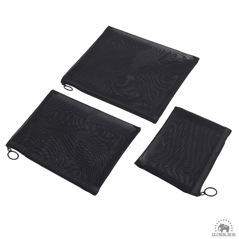 GLOBAL Box Mesh Pouch, Black, Travel Makeup Pouch, Large, Medium,