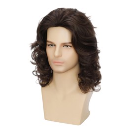 Men Brown Wig Curly Natural Medium-Length Wavy Synthetic Hair Wig with Middle Part, Heat Resistant, Retro Style for Daily Wear, Cosplay, Halloween Costume, Party