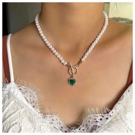 Cimenexe Bohemian Emerald Heart Necklace Chain Vintage Pearl Choker Necklace Green CZ Heart Pendant Necklace Toggle Clasp Necklace Choker Jewellery for Women and Girls